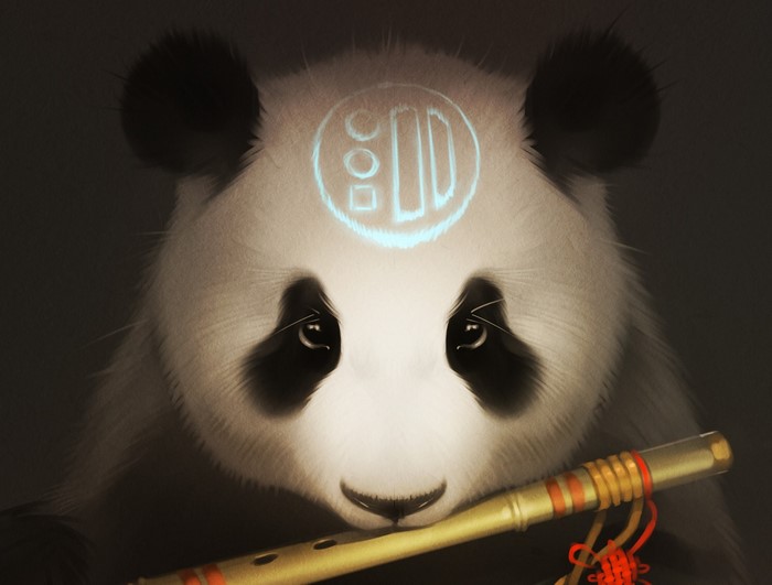 Panda playing a flute with a symbol on its forehead