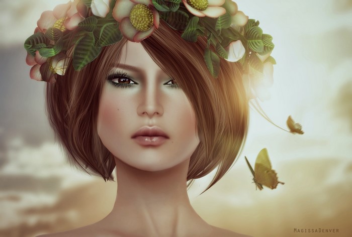 Woman with flower crown and butterflies
