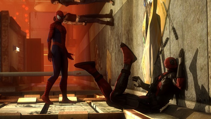 Spider-Man and Deadpool in a city setting