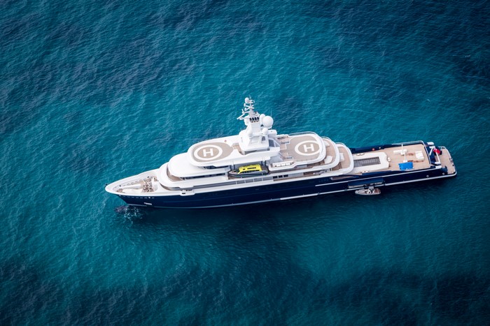 Aerial view of a large luxury yacht at sea