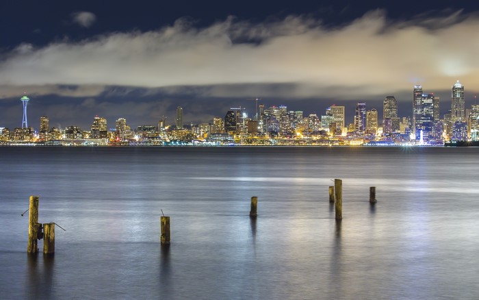Seattle Skyline and Puget Sound at Night