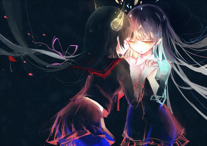 Two anime schoolgirls with glowing horns and eyes