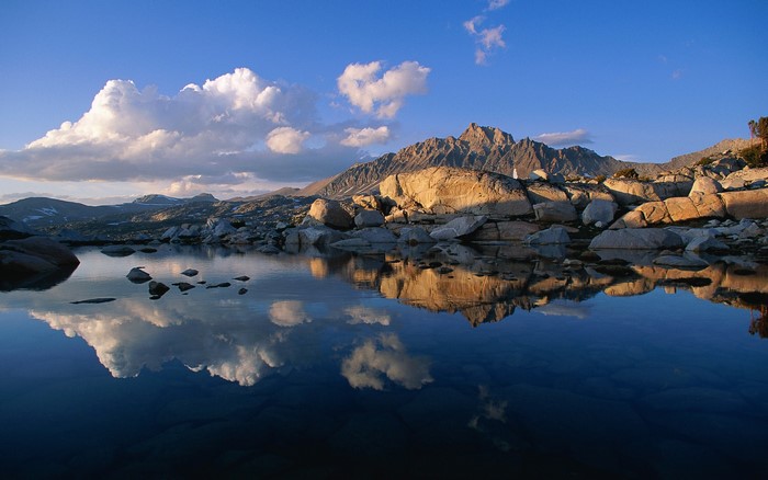 Lake and mountains with reflections at sunset