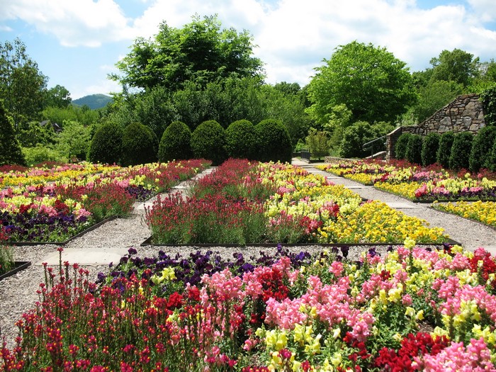 Flower garden with gravel paths and manicured shrubs