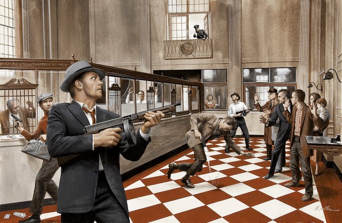 Bank robbery with gangsters and police