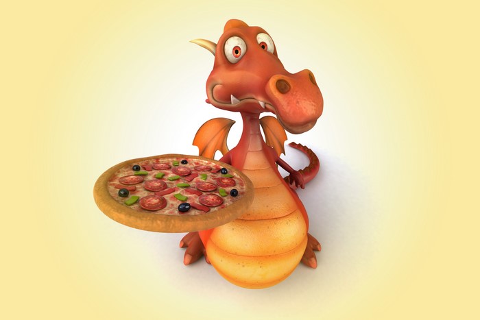 Dragon holding a pizza
