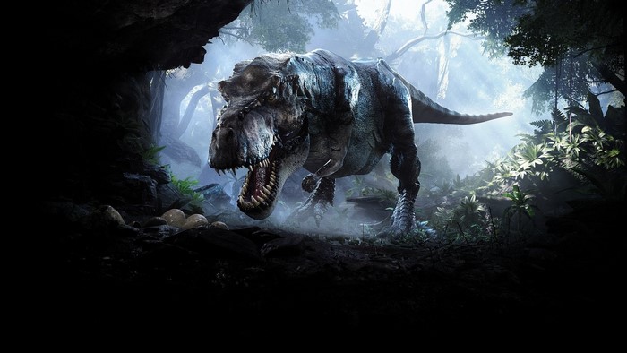 Tyrannosaurus Rex in a prehistoric jungle with eggs