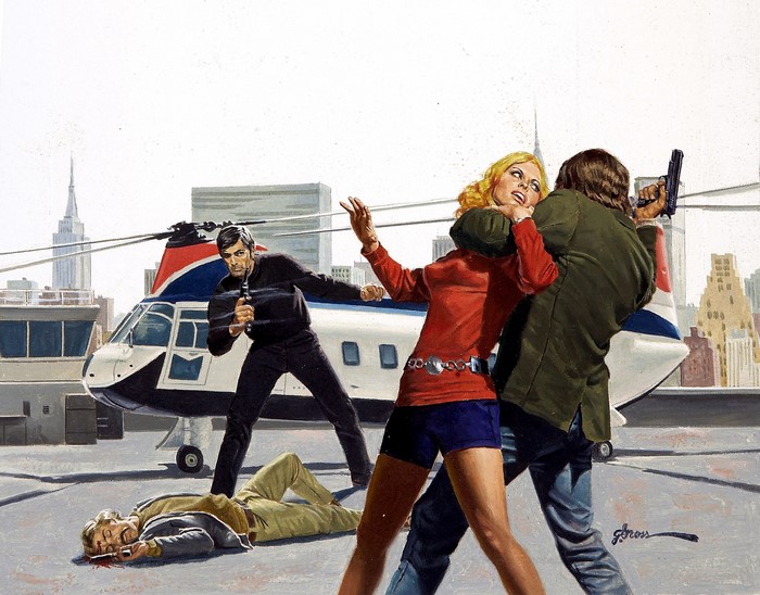 George Gross painting of a rooftop rescue with a helicopter