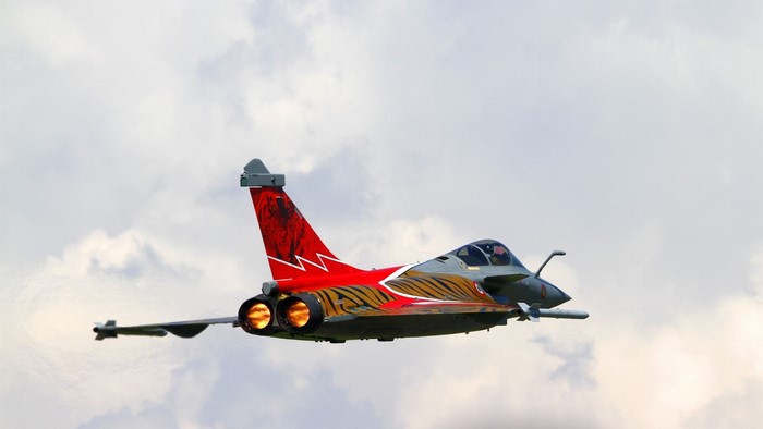 Dassault Rafale fighter jet with tiger stripe livery
