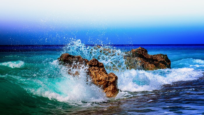 Waves crashing on rocks in the Ionian Sea, Greece
