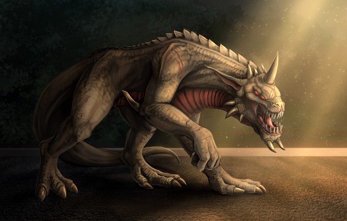 A monstrous creature with sharp teeth and a horn