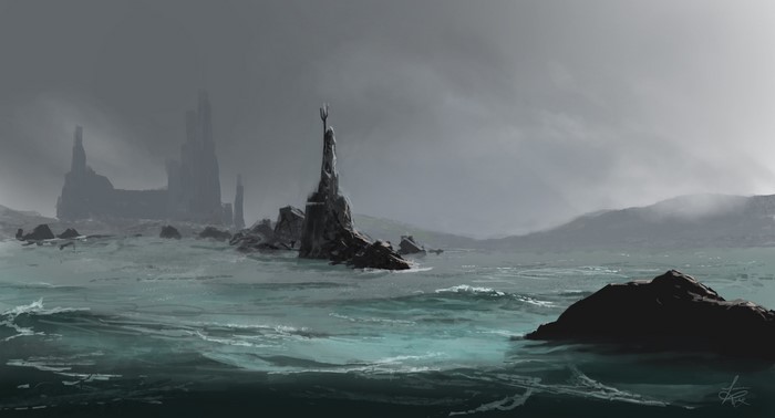 Misty sea with rocky islands and a statue