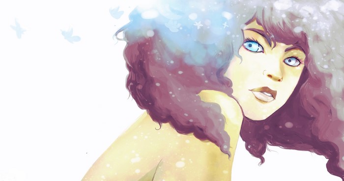 Painting Art of a Woman with Curly Hair and Blue Eyes