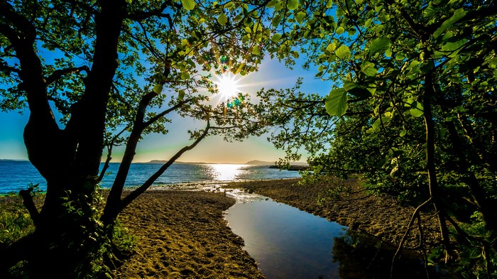 4K Scenery of a River flowing into the Sea at Sunset
