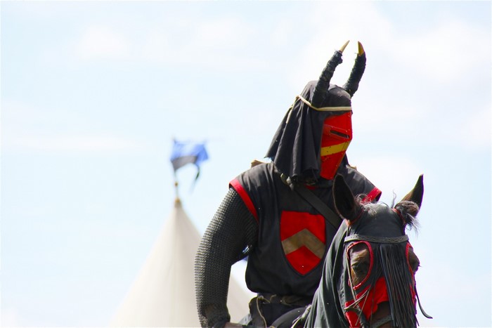 Knight in horned helmet on horseback
