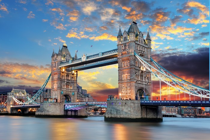 Tower Bridge over Thames River at Sunset, London, England