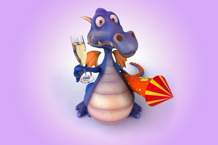 Blue dragon holding champagne and party popper