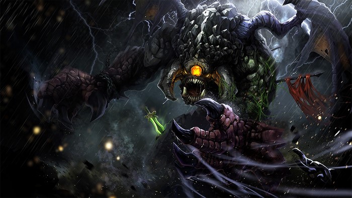 Roshan from DOTA 2 fighting in a storm
