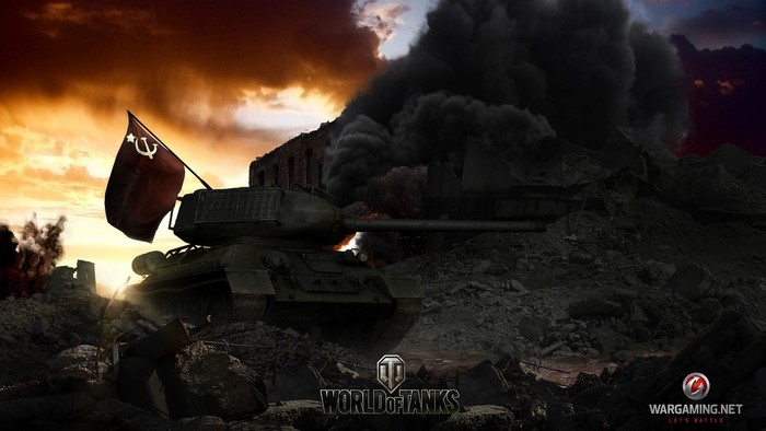 World of Tanks T-34 tank with Soviet flag in ruins