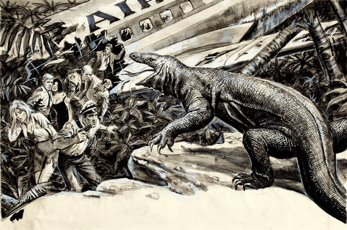 Plane crash survivors face a giant lizard