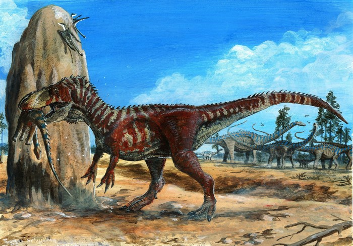 Dinosaur attacking prey near rock formation with sauropods in background
