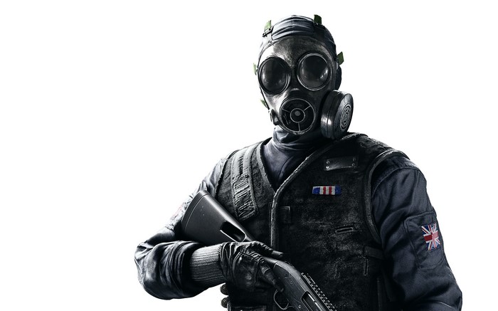 Sledge from Tom Clancy's Rainbow Six Siege wearing a gas mask