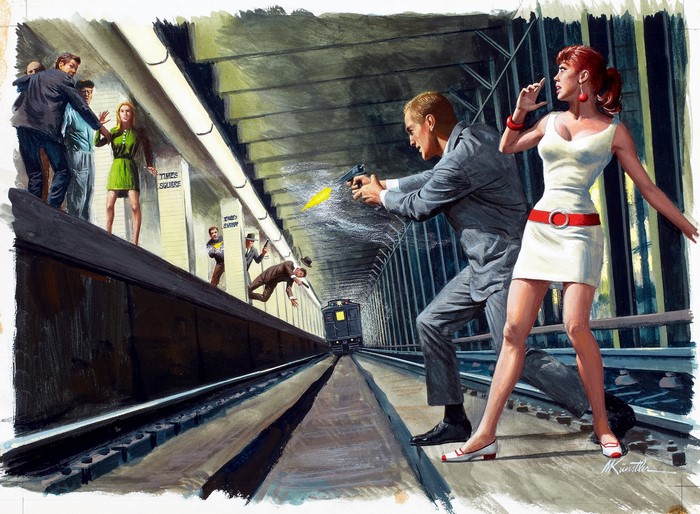 Metro Station Shootout Scene by Mort Kunstler