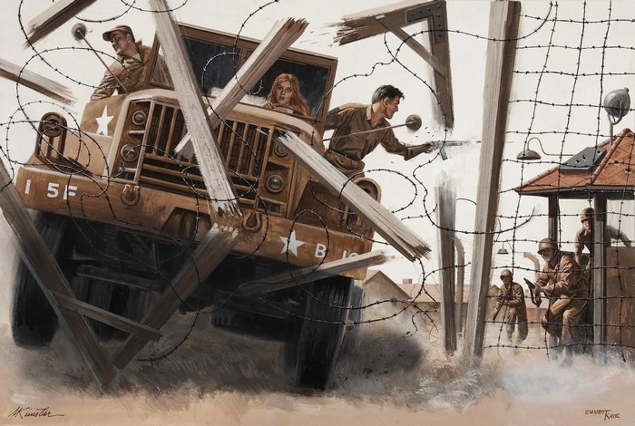 Mort Kunstler painting of a truck crashing through barbed wire