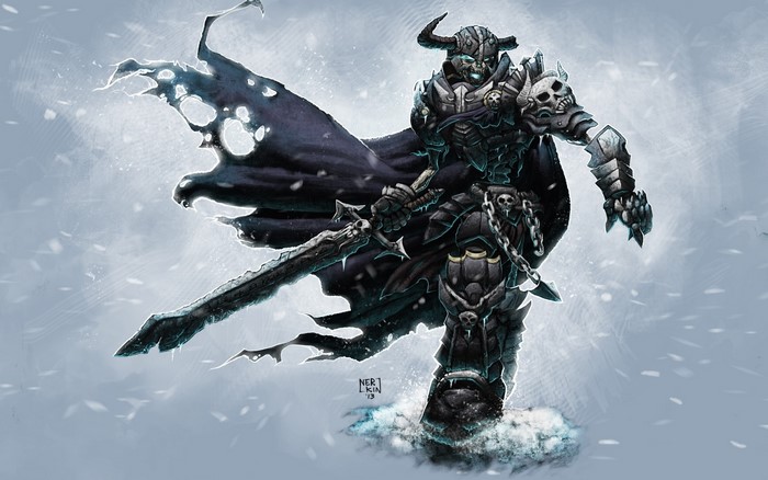 Undead warrior with sword and tattered cloak in snow