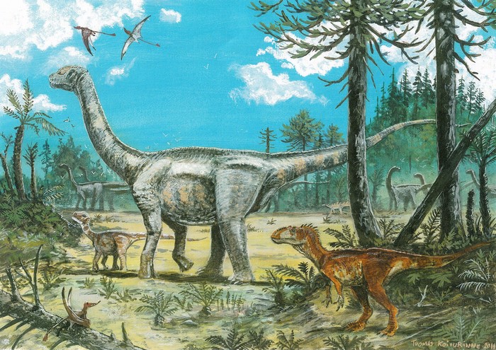 Dinosaurs in a prehistoric forest with pterosaurs