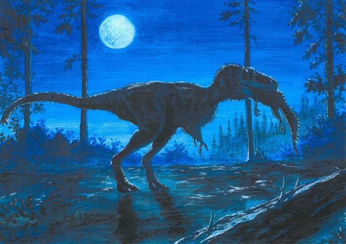 Dinosaur in a moonlit forest