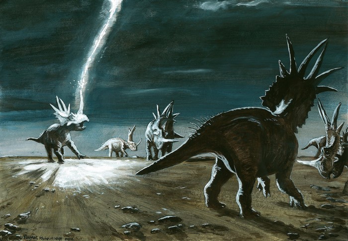 Rubeosaurus dinosaurs during a lightning storm
