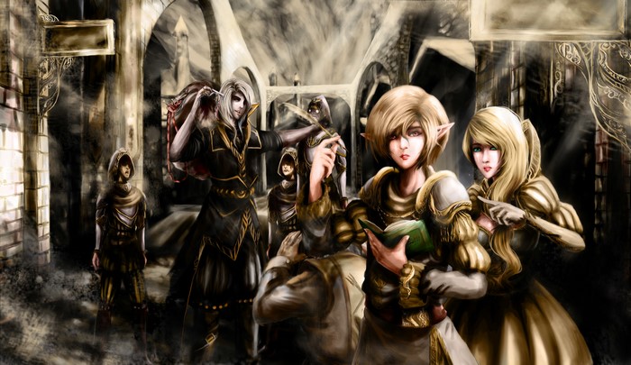 Group of Elves in a Ruined City