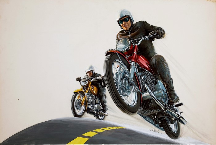 Mort Kunstler painting of two motorcyclists racing