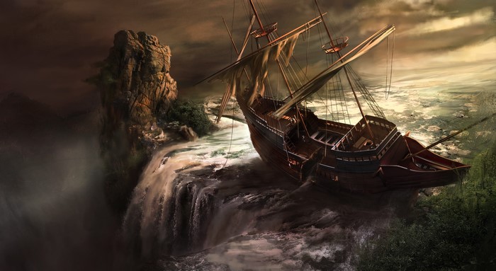 Ship sailing over a waterfall