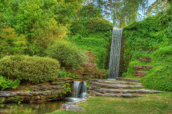 Park with waterfalls and lush greenery