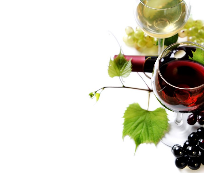 Red and white wine with grapes and bottle