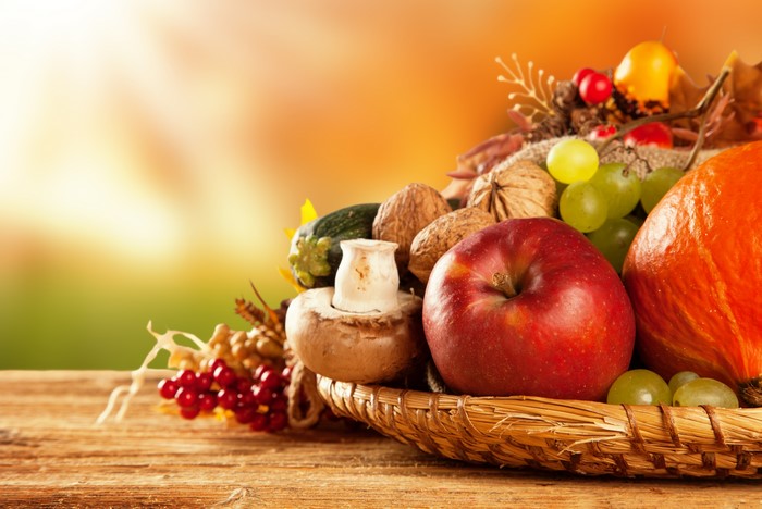 Autumn Harvest Basket with Fruits, Nuts, and Vegetables