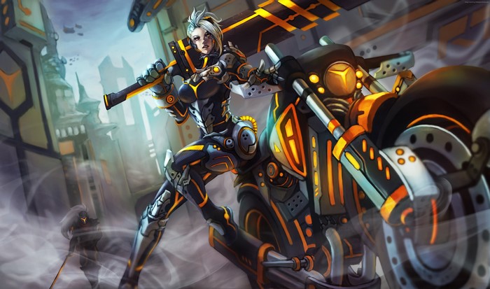 Riven from League of Legends on a futuristic motorcycle