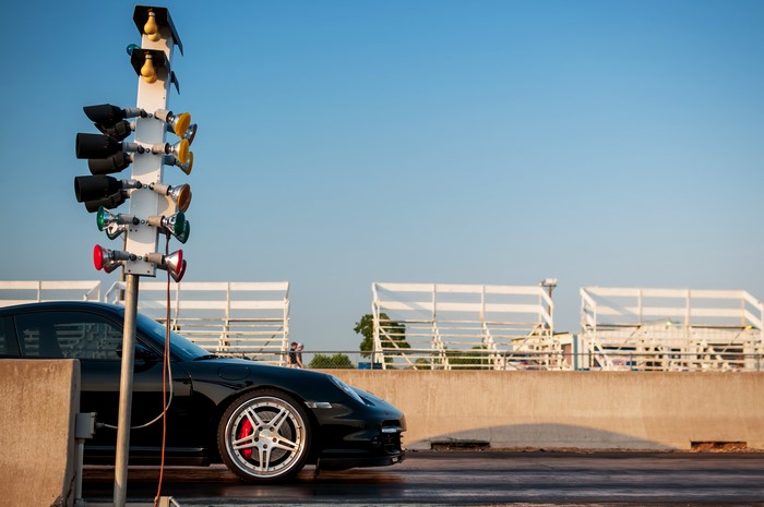 Porsche 911 at Drag Strip with Christmas Tree Lights