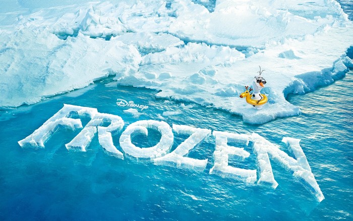 Frozen movie title with Olaf on ice floe