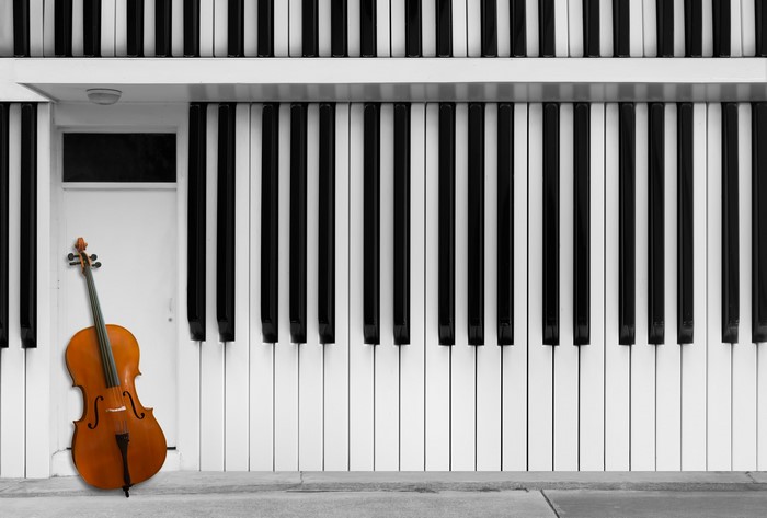Cello leaning against a piano keyboard wall