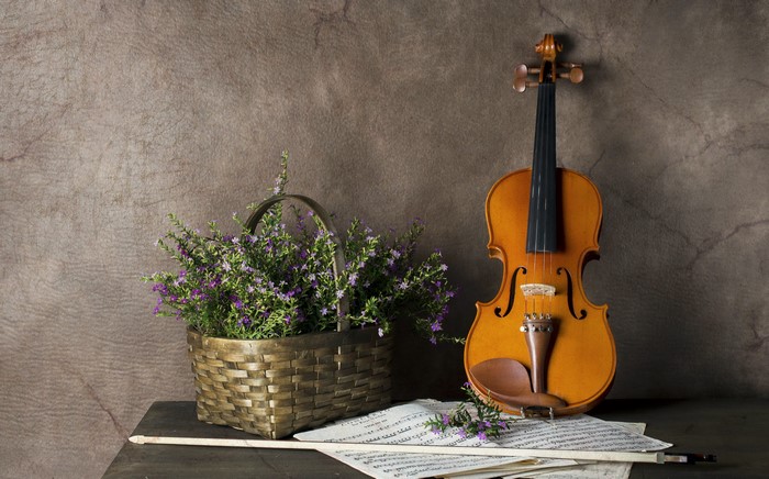 Violin and flowers in a wicker basket