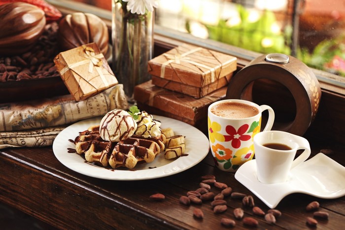 Waffle with ice cream and coffee