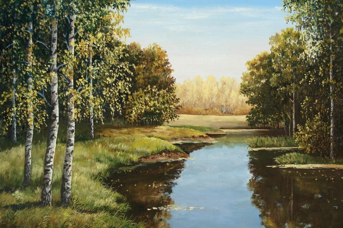 Autumn Landscape with Birch Trees and Lake by Lutsenko