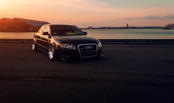 Black Audi A4 Stance Slammed Vehicle at Sunset