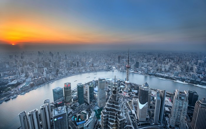 Shanghai skyline at sunset with Oriental Pearl Tower