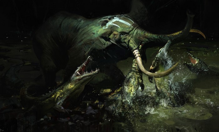Elephant fighting crocodiles in murky water