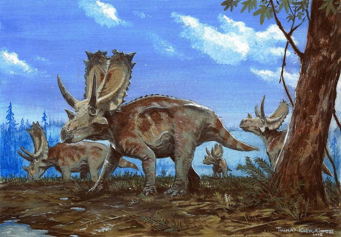 Agujaceratops dinosaurs in a prehistoric landscape painting