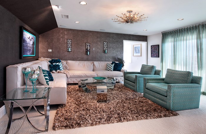 Living room with sectional sofa and armchairs